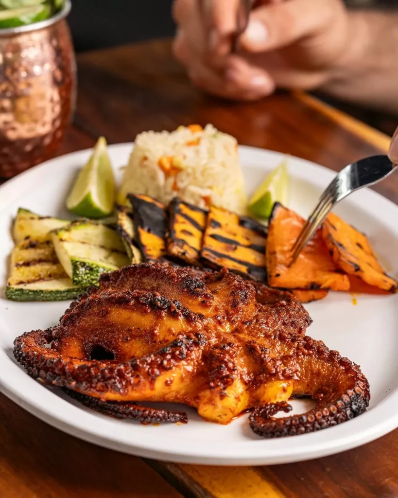 Platillo de Pulpo asado en el restaurante de mariscos el doctorcito playa del carmen