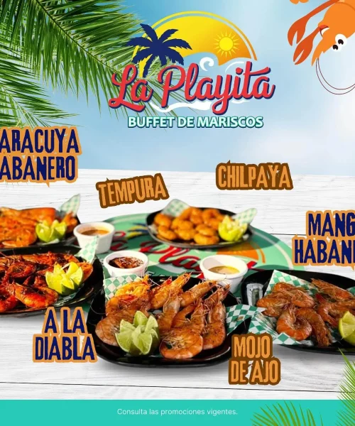 menú de platillos del buffet de mariscos del restaurante la playita